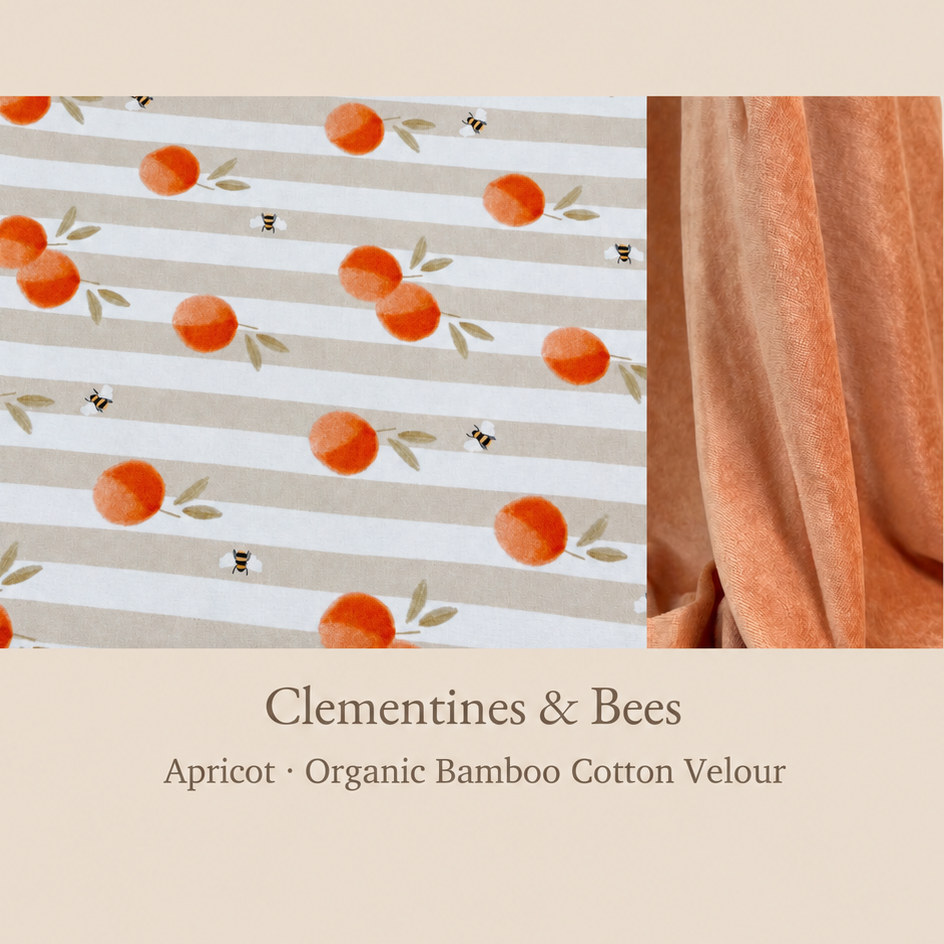 A fabric swatch presentation for 'Clementines & Bees' apricot organic bamboo cotton velour. The left panel shows a close-up of the patterned fabric with horizontal beige and white stripes, decorated with watercolor-style orange apricots, green leaves, and small black bees.