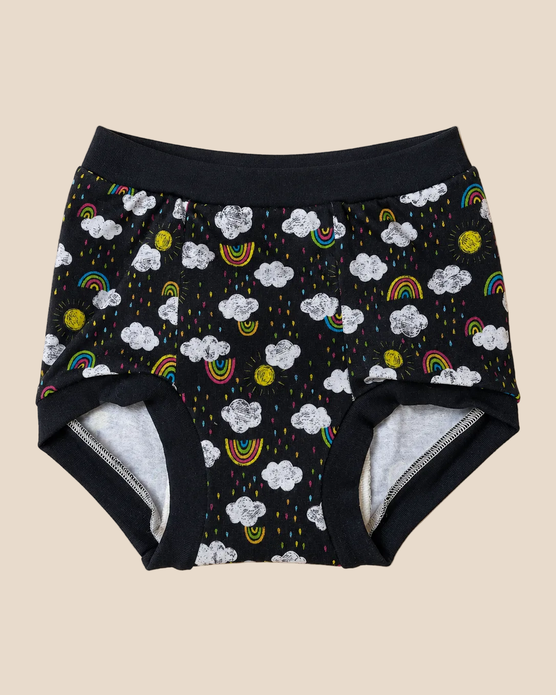 Black baby underwear with a colorful cloud, rainbow, and sun print, featuring a gray fleece lining visible at the leg openings, laid flat on a beige background.