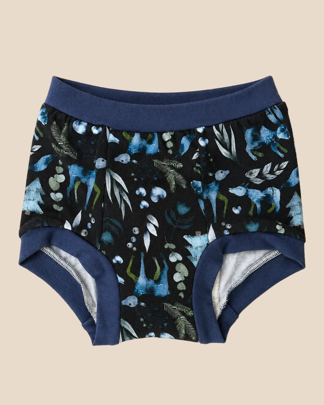 A pair of toddler boy's briefs featuring a dark navy blue and black watercolor-style print of blue birds and green foliage, with solid navy blue elastic waistband and leg cuffs, laid flat on a light beige background.