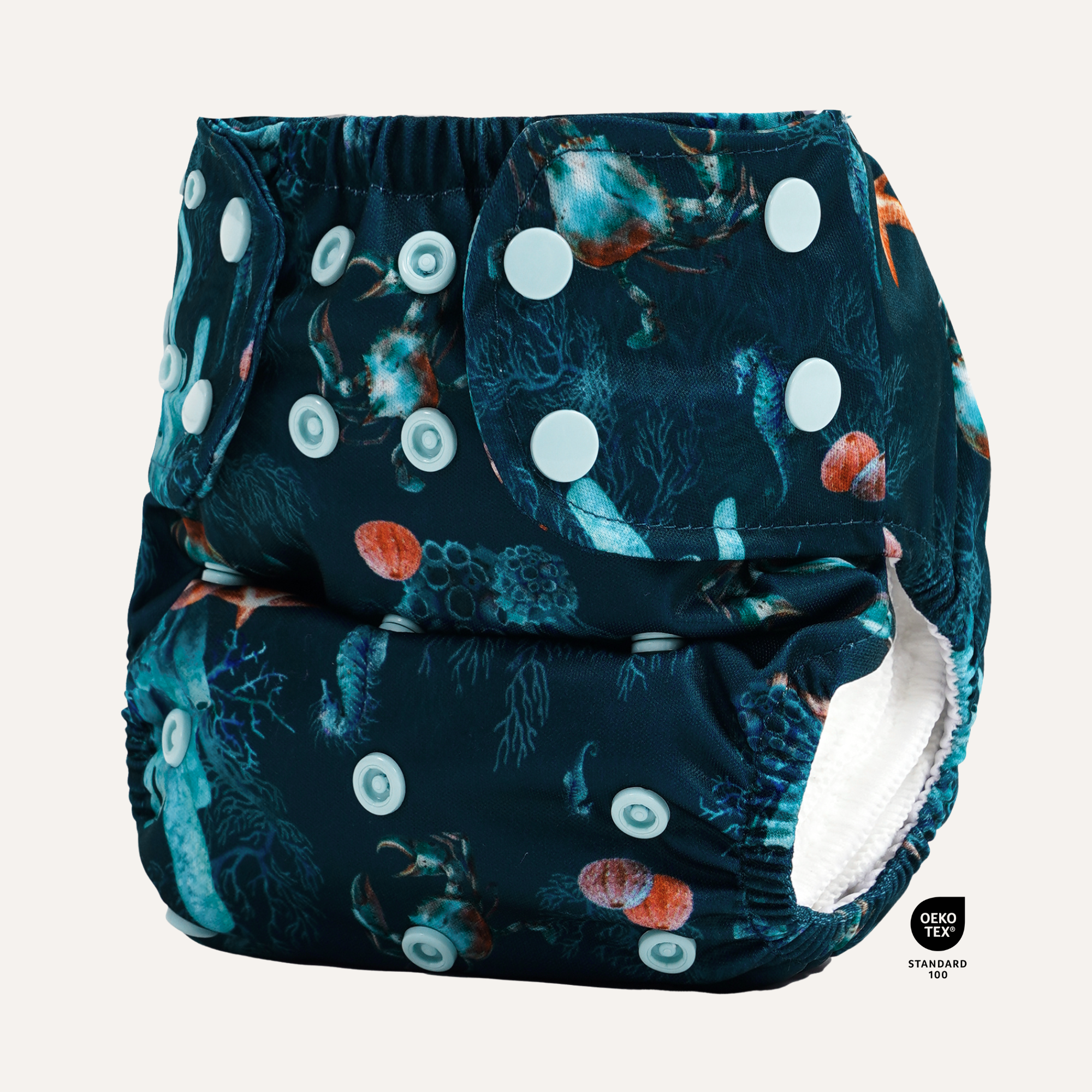 All-in-two cloth diaper with marine animal pattern and snap-in cotton bamboo inserts