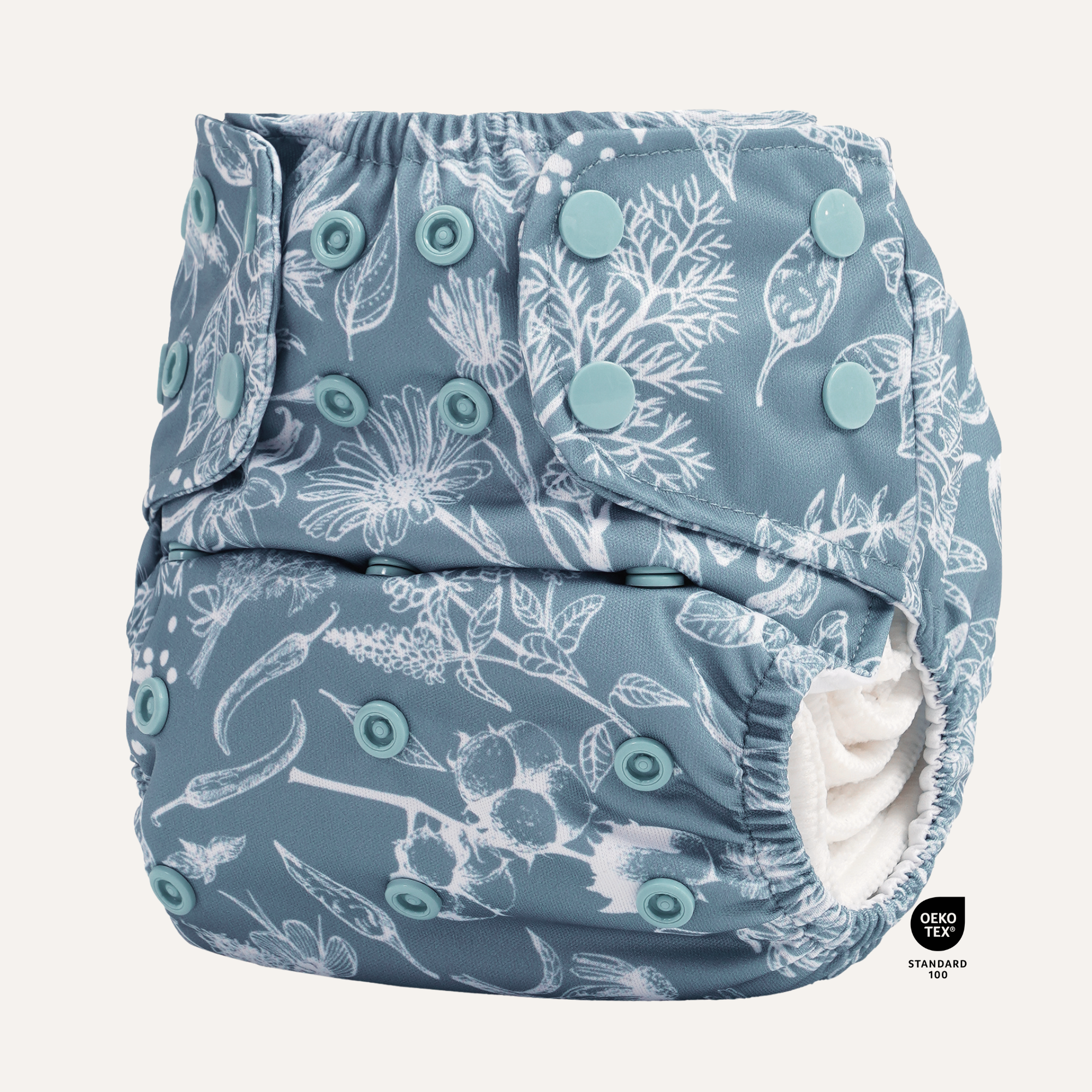 All-in-two cloth diaper with blur floral print and snap-in bamboo inserts