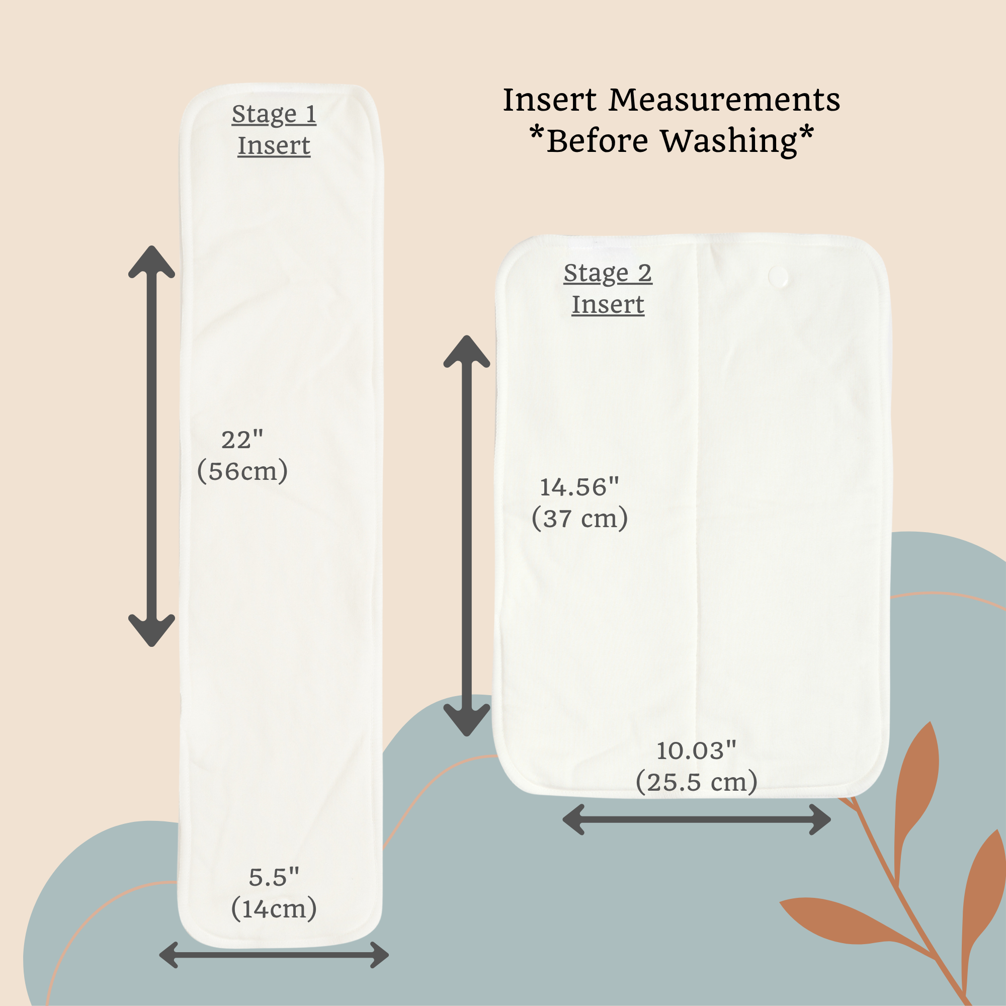 Measurement chart for diaper inserts with dimensions labeled on a beige and blue background.