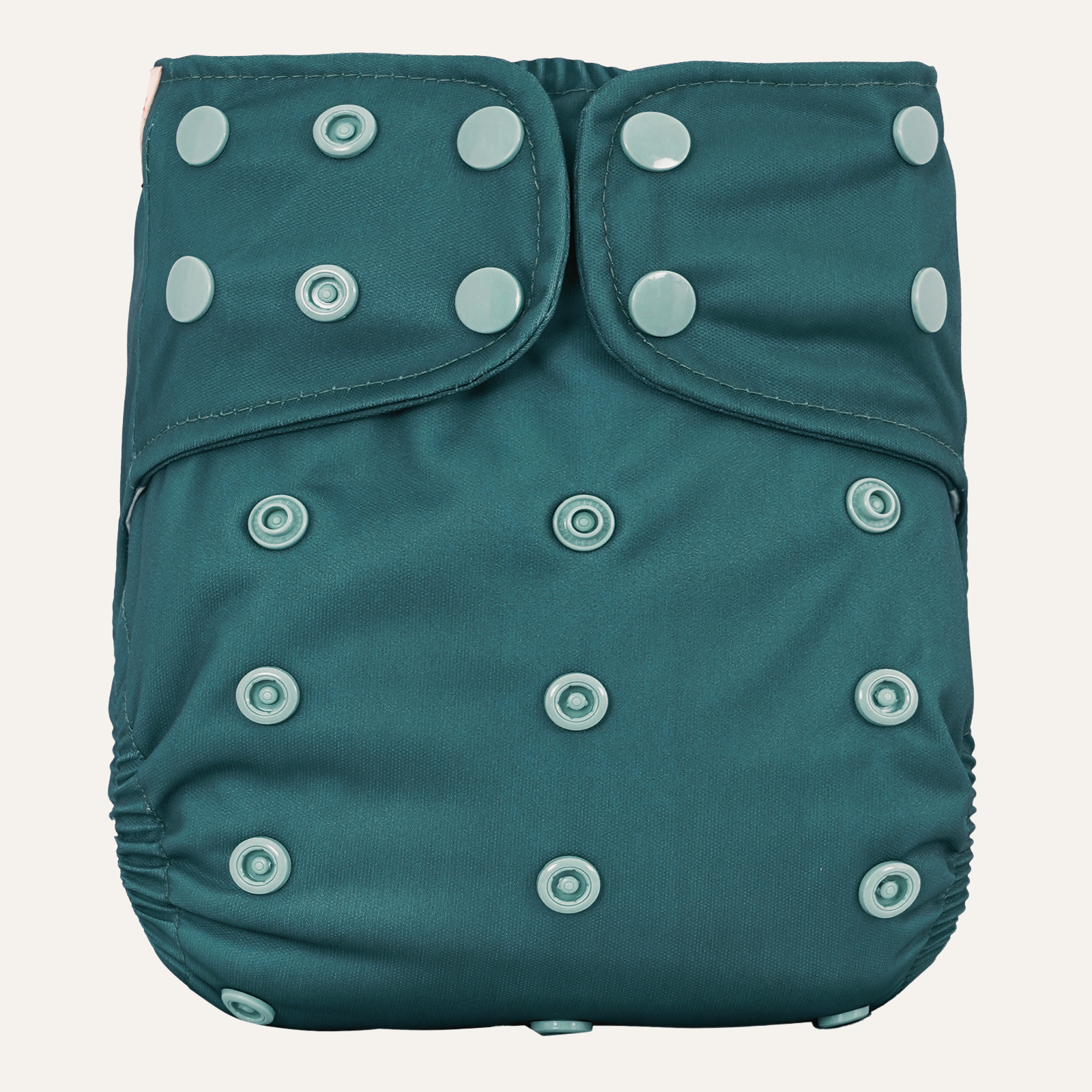 Dark Teal cloth diaper cover with button closures on a light gray background