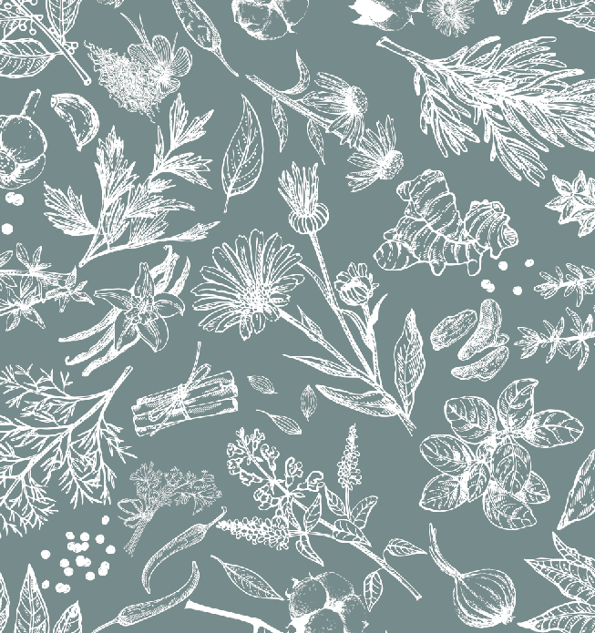 Pattern of white botanical illustrations on a teal background