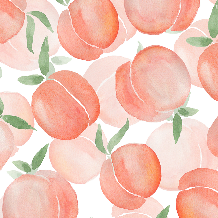 Pattern of watercolor peaches with green leaves on a white background