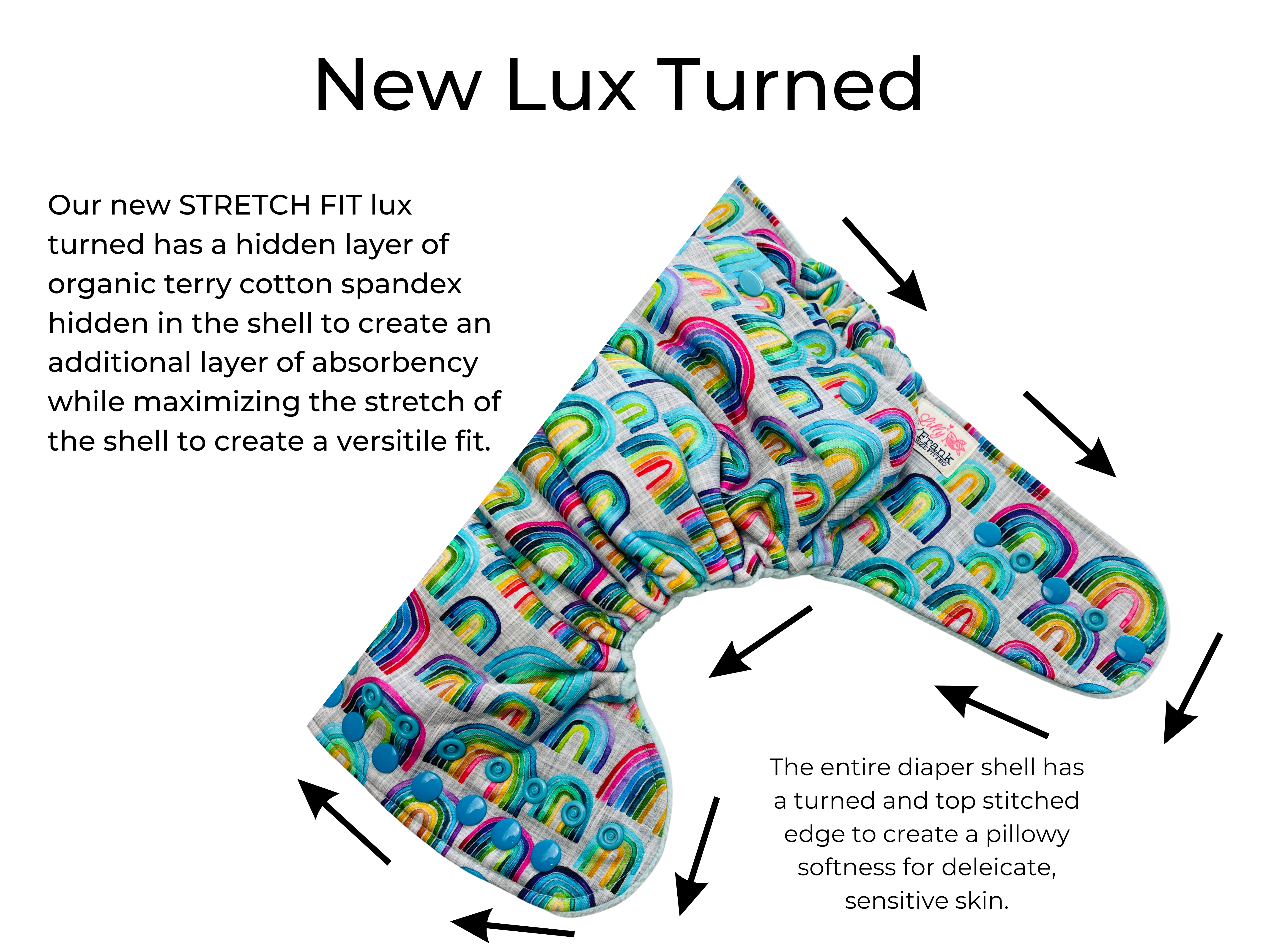 diaper on white background with arrows pointed around to show turned edge finish