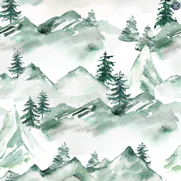 Watercolor pattern of mountains and trees with a soft, pastel color palette.