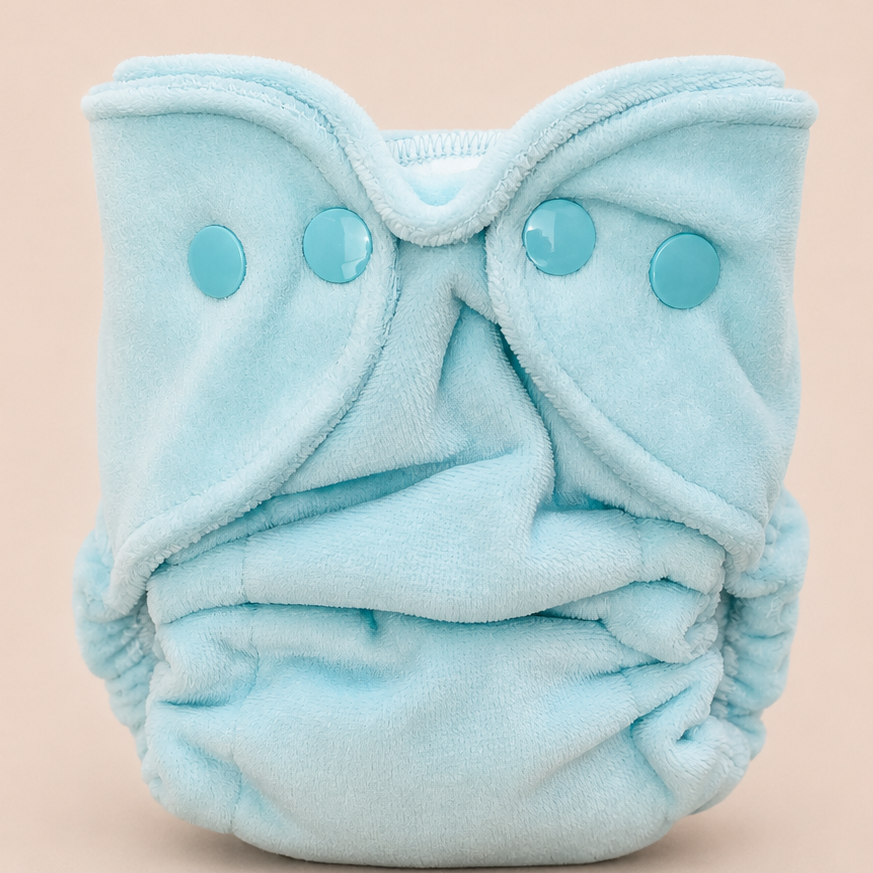 A light blue reusable cloth diaper with three matching snap closures, photographed against a solid pale peach background.