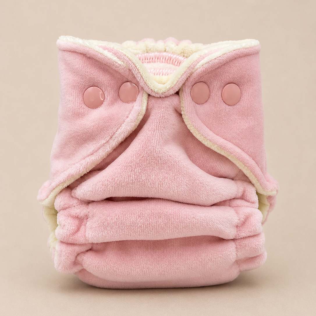 Pink baby cloth diaper with buttons on a beige background