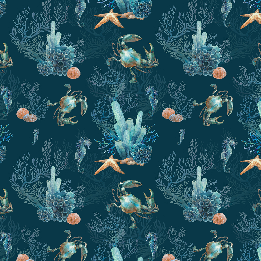 Seamless pattern of crabs, seashells, and coral on a dark blue background