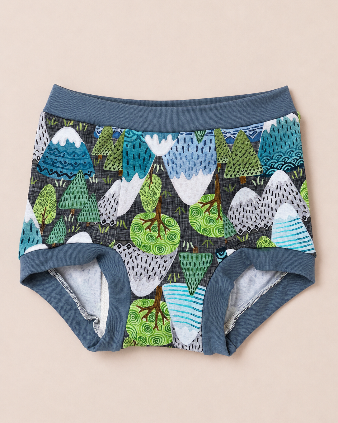 A pair of toddler boy's briefs featuring a colorful forest and mountain pattern with blue, green, and white motifs on a dark background, with solid blue ribbed waistband and leg cuffs, laid flat on a light beige background.