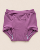 A pair of purple high-waisted briefs laid flat on a light beige background.