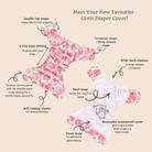 Floral cloth diaper cover with features highlighted on a beige background