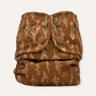 Brown cloth diaper with floral pattern on a white background