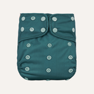 Dark Teal cloth diaper  cover with button closures on a light gray background