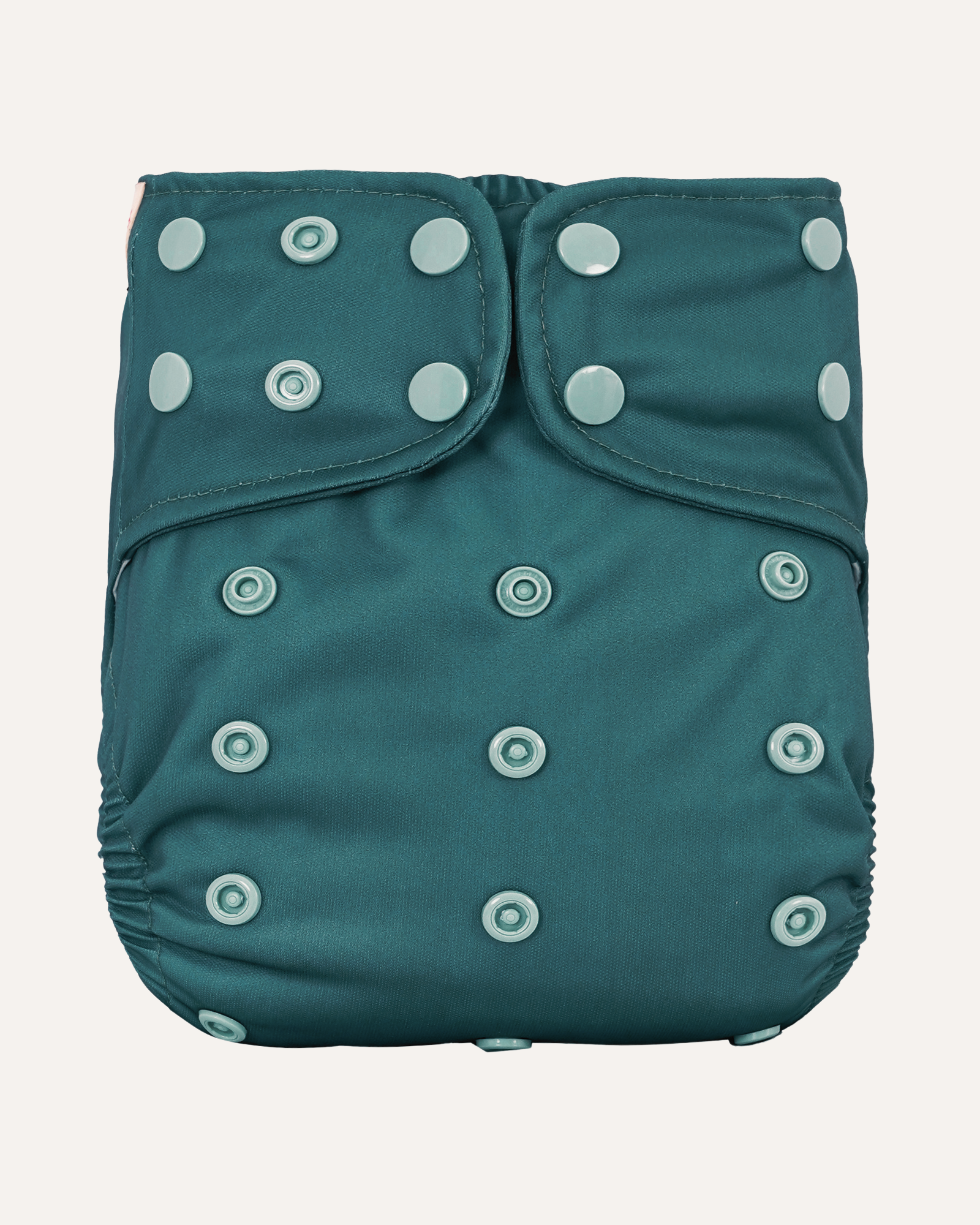 Dark Teal cloth diaper  cover with button closures on a light gray background