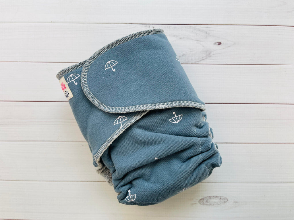 Lilly & Frank Snapless Cloth Diaper Blue Umbrellas (Coming Soon!) One Size Snap-less ~ Comfort Serged