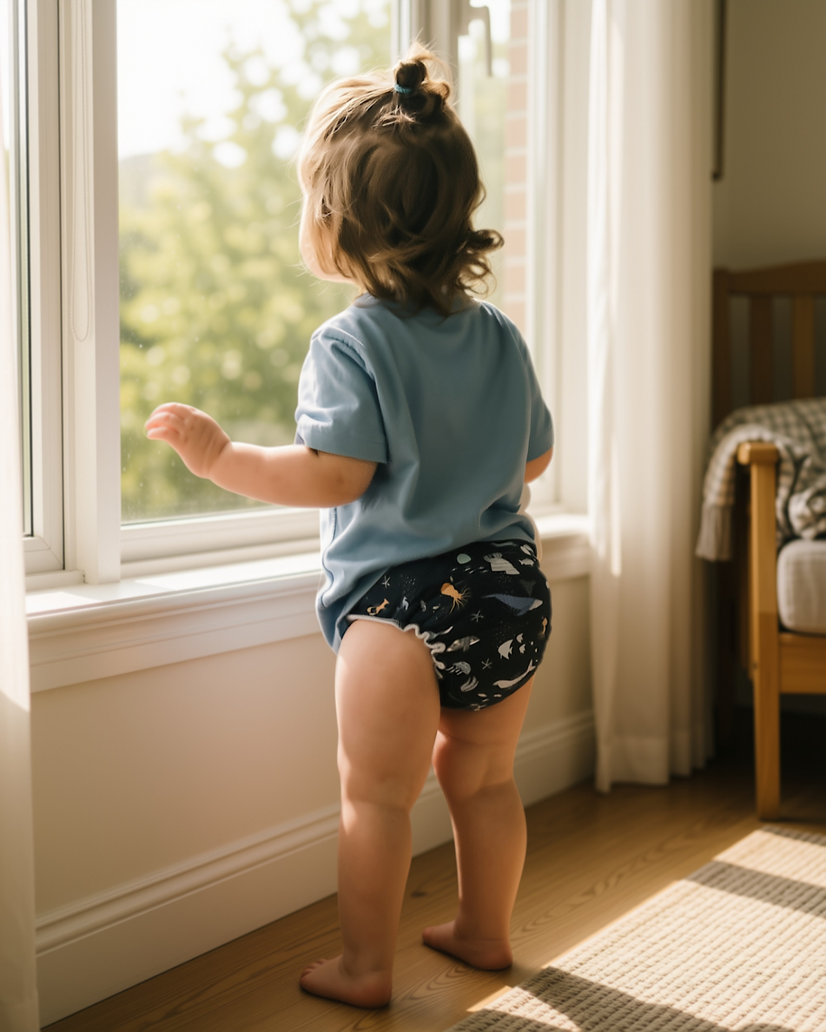 A toddler standing barefoot by a sunlit window, seen from behind, wearing a light blue short-sleeve top and dark navy patterned diaper cover in a bright room.