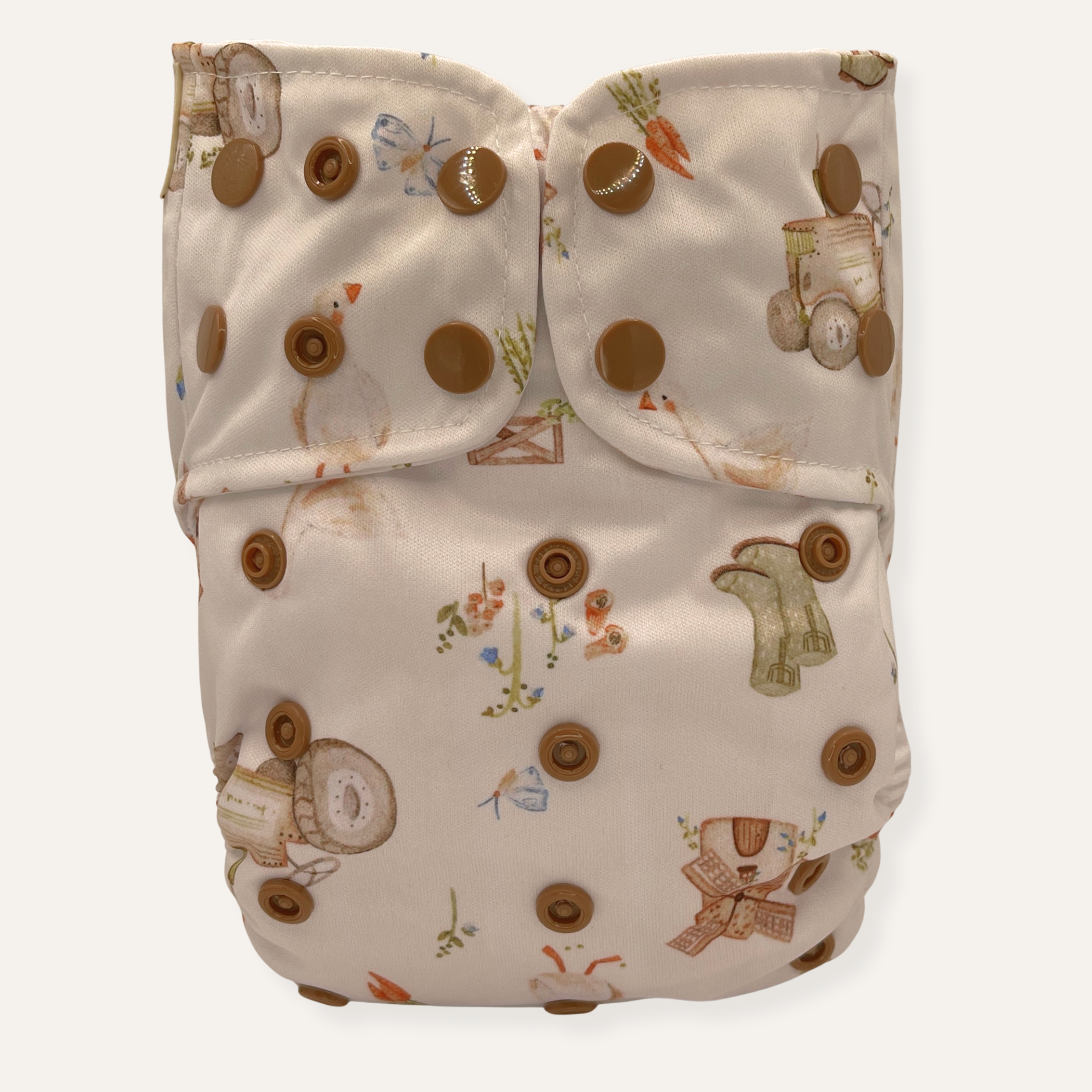 Patterned diaper with brown buttons on a white background
