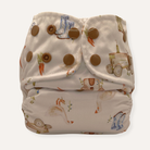 Patterned cloth diaper with brown buttons on a white background