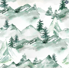 Watercolor pattern of mountains and trees with a soft, pastel color palette.