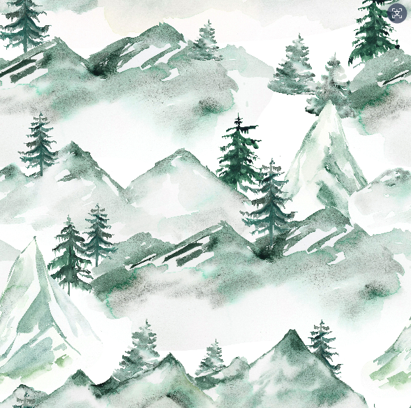 Watercolor pattern of mountains and trees with a soft, pastel color palette.