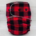 Red and black checkered cloth diaper on a white background