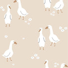 Pattern of white geese on a beige background with small flowers.