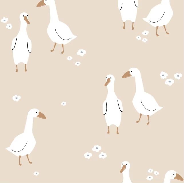 Pattern of white geese on a beige background with small flowers.
