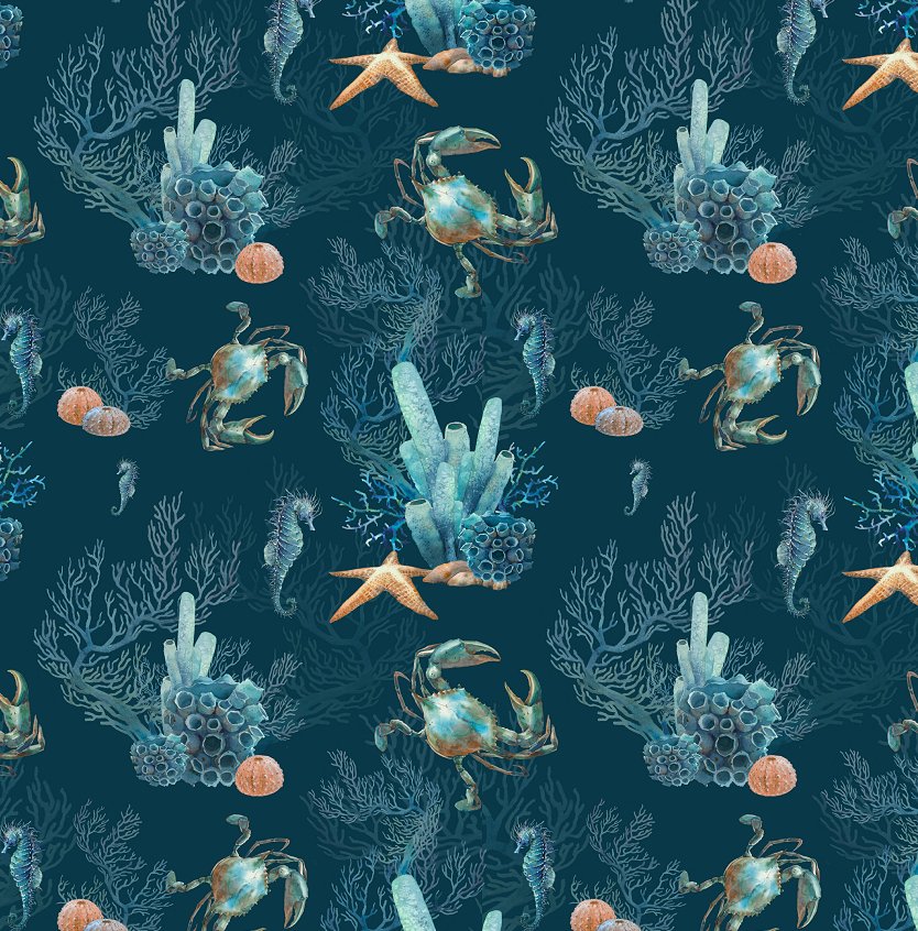 Seamless pattern of crabs, seashells, and coral on a dark blue background