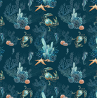 Seamless pattern of crabs, seashells, and coral on a dark blue background