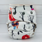 Patterned diaper with foxes and trees on a white background